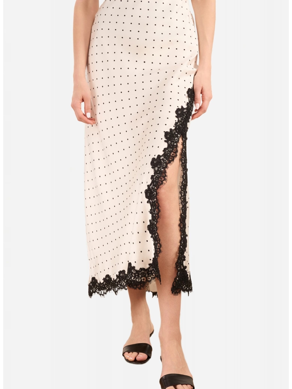 Women’s Cream Polka Dot Lace-Trim Slit Skirt